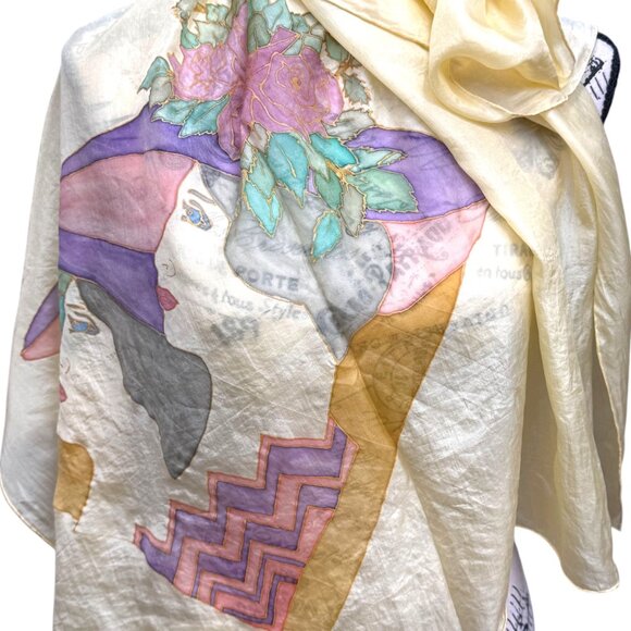 Vintage 34.5" Silk Scarf With Art Deco Print Women Hats Silhouette Hand Painted - Picture 2 of 6